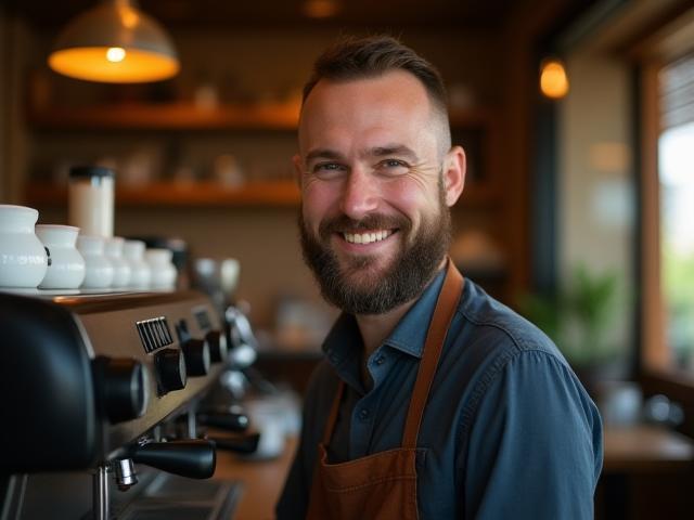 Head Barista Lucas Thompson smiling with espresso machine
