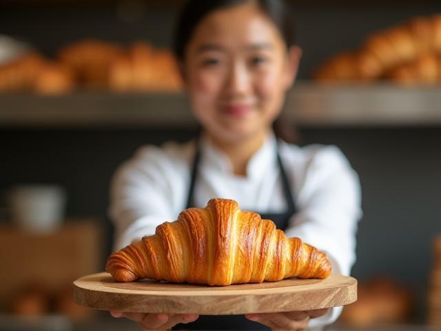 Pastry Chef Emily Nguyen presenting a fresh croissant