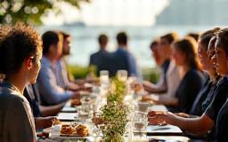 Outdoor corporate brunch with guests enjoying coffee and pastries