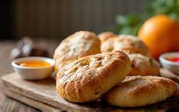 Close-up of artisan pastries and sweet treats on a rustic wooden tray