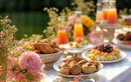 Wedding full brunch buffet spread with floral decorations