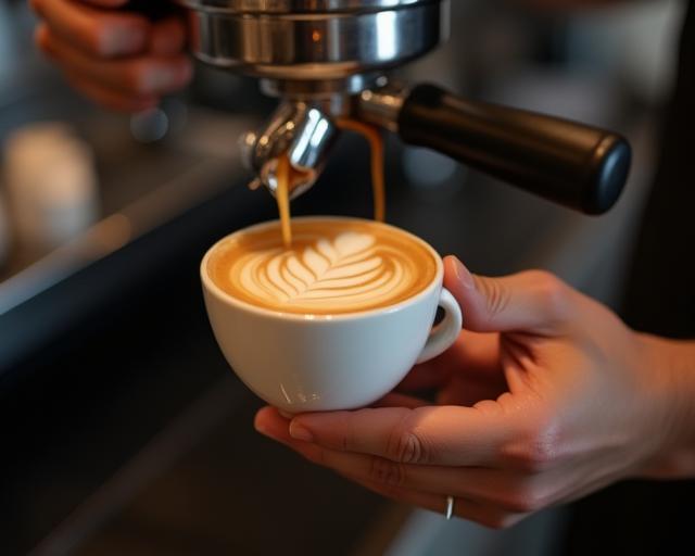 Head barista expertly pouring latte art at Harbour Bridge Café