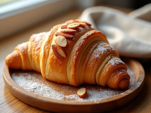 Golden almond croissant on wooden tray