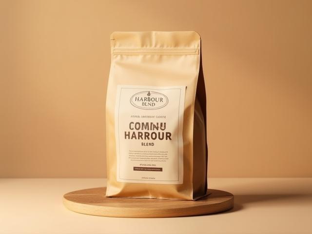 A 250g bag of Harbour Blend coffee beans with branding